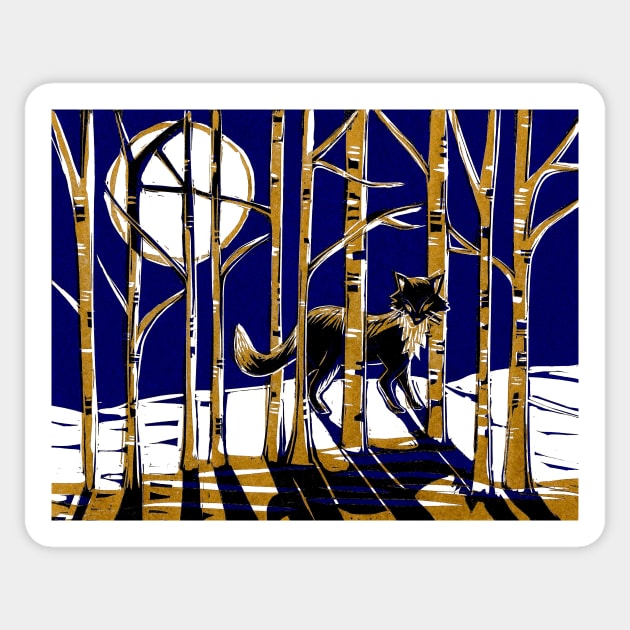 Fox in Moonlit Forest Linocut in blue and gold Sticker by Maddybennettart